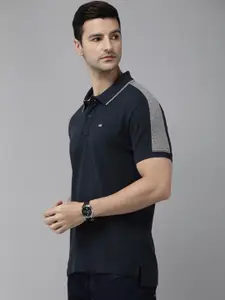 Arrow Sport Men Navy Blue Tipped Polo Collar T-shirt with Side Stripes