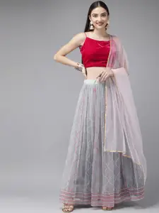 DIVASTRI Grey & Fuchsia Beads and Stones Ready to Wear Lehenga & Unstitched Blouse With Dupatta