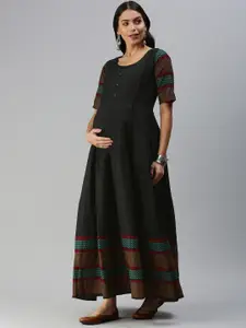 Swishchick Women Black & Red Geometric Woven Design Handloom Maternity Maxi Dress