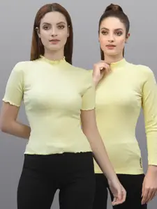 Friskers Women Yellow High Neck Ribbed Top Pack Of 2