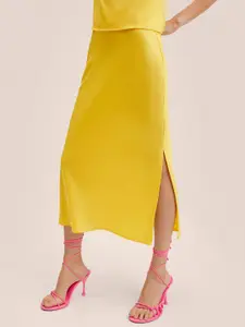 MANGO Women Yellow Solid Straight Midi Skirt