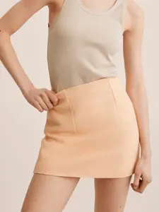 MANGO Women Peach-Coloured Self Design Mini Skirt