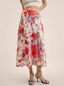 MANGO Women Off-White & Lavender Floral Printed Midi Skirt