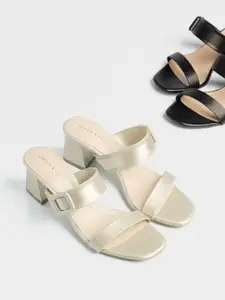 LEMON & PEPPER Gold-Toned Striped PU Block Sandals with Buckles