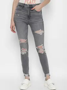 AMERICAN EAGLE OUTFITTERS Women Grey Slim Fit Highly Distressed Light Fade Jeans