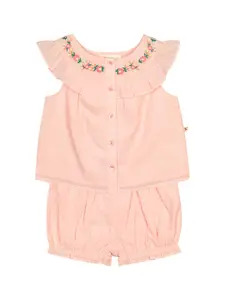 Budding Bees Girls Peach-Coloured Embroidered Pure Cotton Top with Shorts
