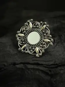 justpeachy Silver-Plated White Stone Studded Oxidized Adjustable Finger Ring