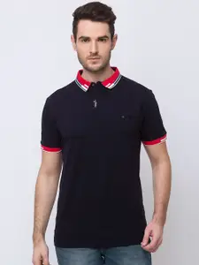 Status Quo Men Navy Blue Polo Collar Applique Slim Fit T-shirt