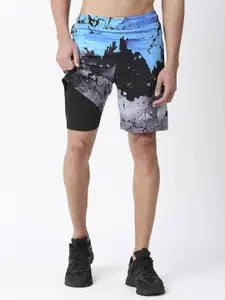 AESTHETIC NATION Men Blue Printed Slim Fit Training or Gym Shorts