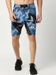 AESTHETIC NATION Men Blue Printed Slim Fit Training or Gym Sports Shorts