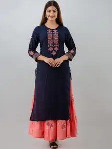 ROOPWATI FASHION Women Navy Blue Embroidered Panelled Thread Work Kurti with Skirt & With Dupatta