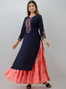 ROOPWATI FASHION Women Navy Blue Embroidered Panelled Thread Work Kurti with Skirt & With Dupatta