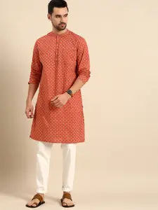 Anouk Men Rust Orange & Off White Geometric Printed Pure Cotton Kurta
