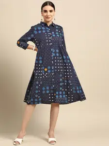 Anouk Navy Blue & White Pure Cotton Geometric Printed Shirt Style Midi Dress
