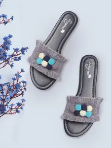Sangria Women Blue & Cream-Coloured Pom-Pom Detail Fringed Open Toe Flats