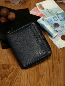 LOUIS STITCH Men Black Zip Detail Leather RFID Zip Around Wallet