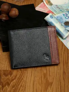 LOUIS STITCH Men Charcoal & Brown Zip Detail Leather Two Fold Wallet