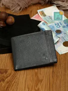 LOUIS STITCH Men Grey Textured Italian Saffiano Leather RFID Two Fold Wallet