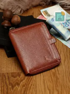LOUIS STITCH Men Brown Zip Detail Leather Zip Around Wallet with RFID Features