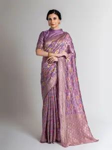 Lilots Lavender & Gold-Toned Floral Zari Silk Blend Banarasi Saree