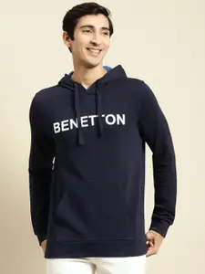 United Colors of Benetton Men Navy Blue Logo Printed Hooded Pure Cotton Sweatshirt