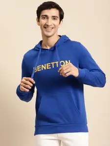 United Colors of Benetton Men Blue Logo Printed Hooded Pure Cotton Sweatshirt
