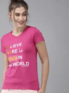 Van Heusen Women Fuchsia Red Front Print V-Neck Short Sleeve Lounge T-Shirt