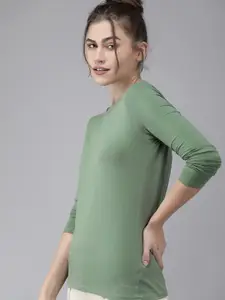 Van Heusen Women Green Solid HeiQ Viroblock Swiss Lounge T-shirt