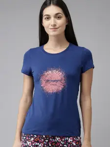 Van Heusen Women Blue Printed Round Neck Lounge T-shirt