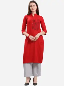 Youthnic Women Red Floral Embroidered Thread Work Straight Kurta