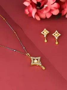 Yellow Chimes Gold-Plated White Crystal Studded & Beaded Pendant With Earrings
