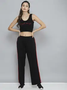 SASSAFRAS Women Black & Red Printed Crop Top & Track Pants Co-Ords
