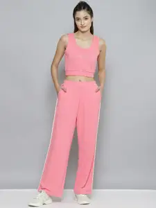SASSAFRAS Women Peach-Coloured Printed Crop Top & Track Pants Co-Ords