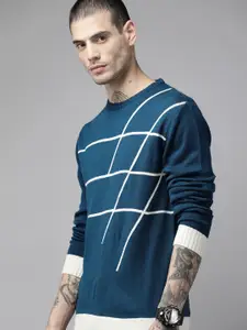 The Roadster Lifestyle Co. Men Blue & Cream-Coloured Striped Pullover