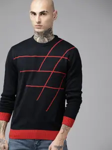 The Roadster Lifestyle Co. Men Navy Blue & Coral Red Striped Pullover