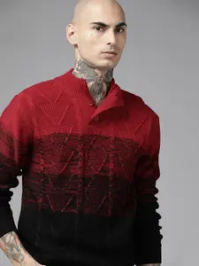 The Roadster Lifestyle Co. Men Black & Red Cable Knit Pullover