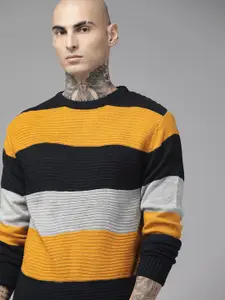 The Roadster Lifestyle Co. Men Navy Blue & Mustard Yellow Striped Fine Knit Pullover