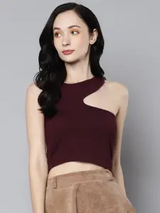 SASSAFRAS Burgundy Asymmetric Armhole Crop Top
