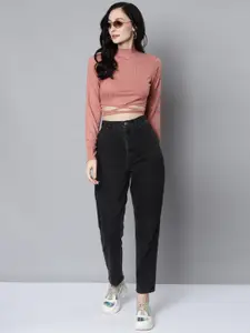 SASSAFRAS Pink Waist Tie-Up Ribbed Crop Top