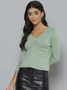 SASSAFRAS Olive Green Ribbed Ruched Top