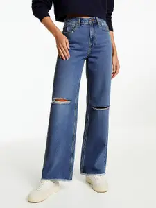 SASSAFRAS Women Blue Comfort Wide Leg High-Rise Mildly Distressed Jeans