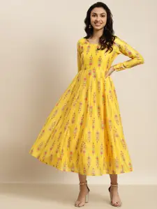 Shae by SASSAFRAS Yellow & Pink Ethnic Motifs Crepe Ethnic Midi Dress
