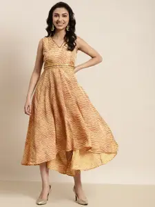 Shae by SASSAFRAS Mustard Yellow & Brown Lehariya High Low Crepe Anarkali Maxi Dress