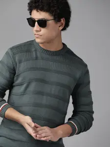 The Roadster Lifestyle Co. Men Grey Acrylic Self-Striped Pullover