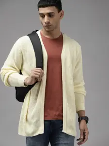 The Roadster Lifestyle Co. Men Cream-Coloured Self-Design Acrylic Front-Open Sweater