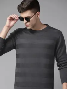 The Roadster Lifestyle Co. Men Charcoal Grey Self-Striped Pullover