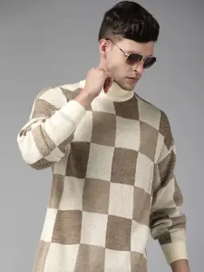 Roadster Men Beige & Brown Checked Pullover