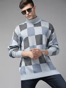 The Roadster Lifestyle Co. Men Blue Checked Turtle Neck Pullover