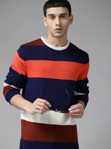 The Roadster Lifestyle Co. Men Navy Blue & Coral Orange Striped Pullover