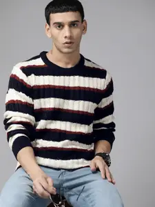 The Roadster Lifestyle Co. Men Off White & Navy Blue Striped Pullover